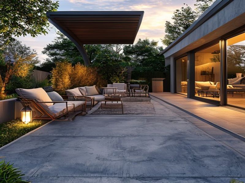 Patio de concreto terminado en jardín